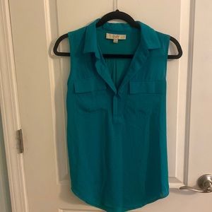 LOFT sleeveless collared shirt. Turquoise with navy blue polka dots.